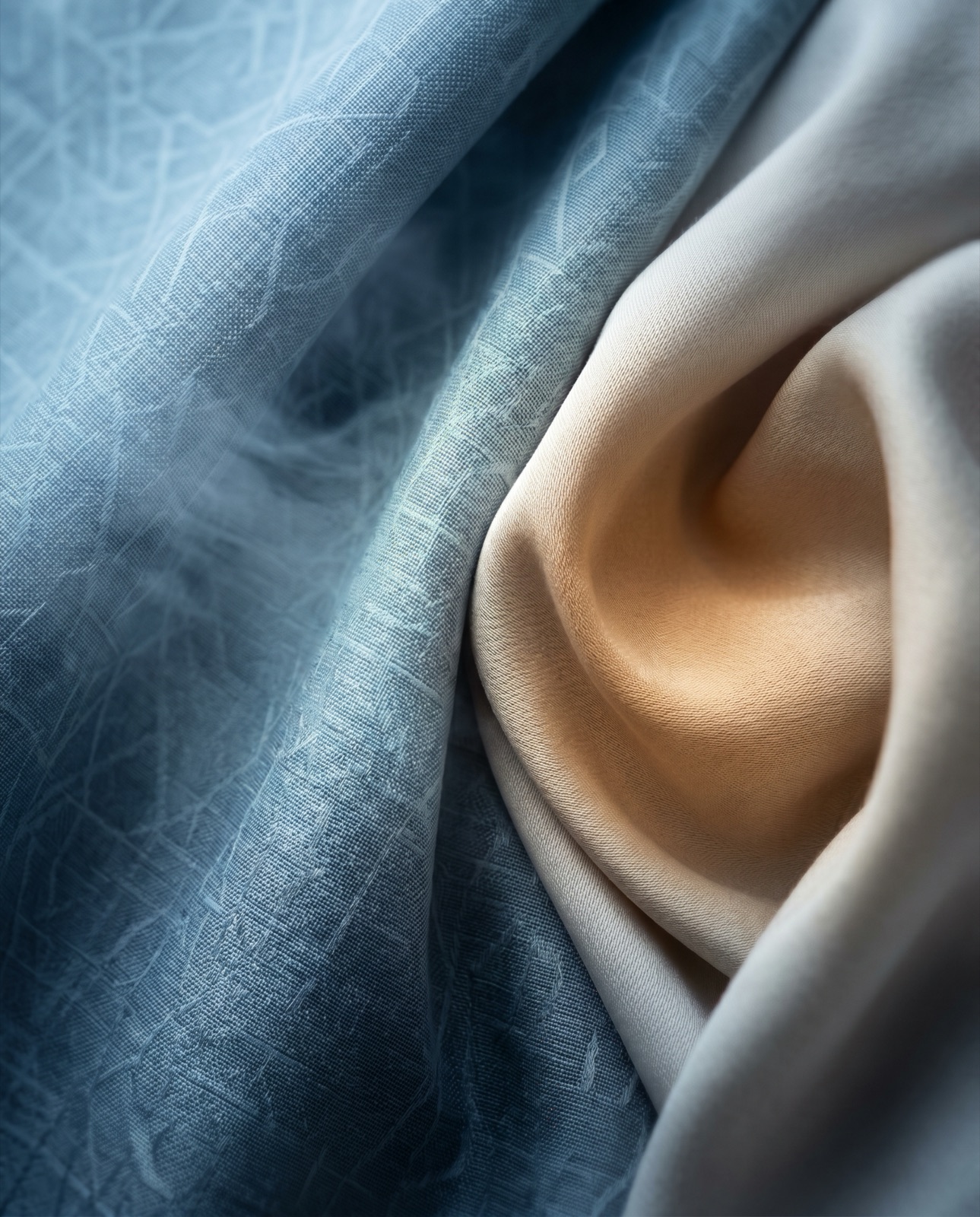 Two draped fabrics side by side — textured dusty blue and smooth cream satin folded into a deep swirl with warm golden light glowing from within