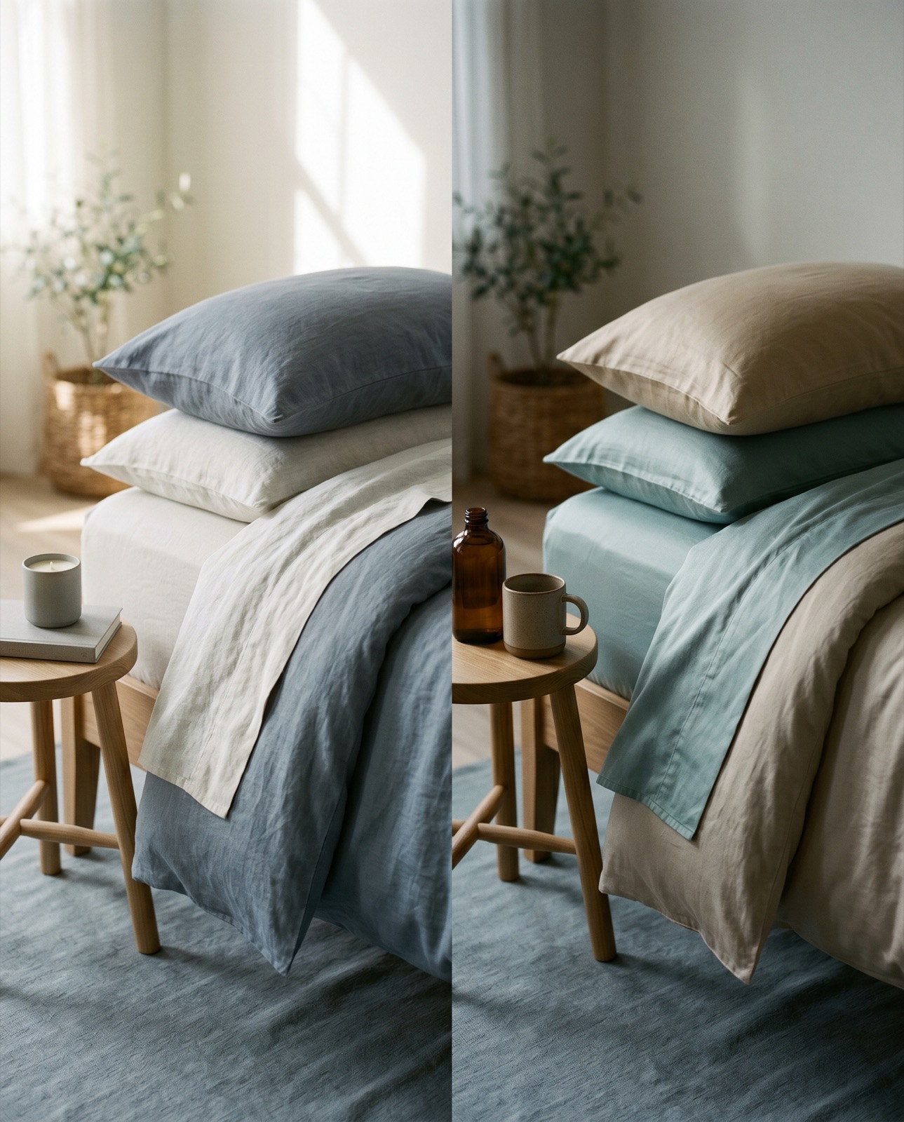 Side-by-side comparison of two minimalist bedroom setups with linen bedding, each with a light wood side table and olive tree