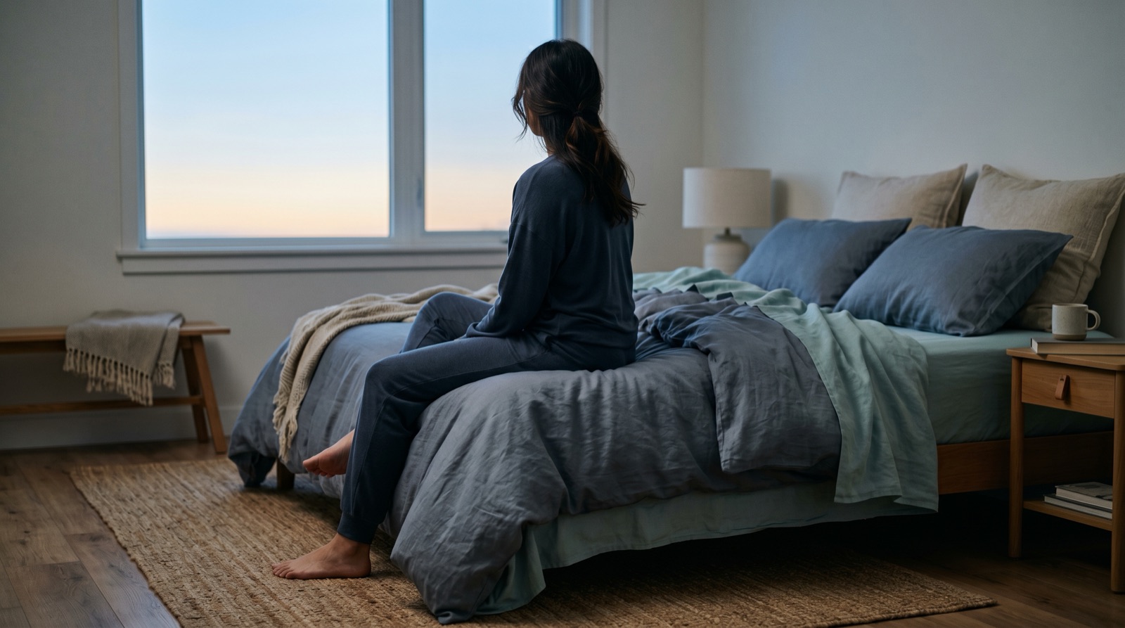 A woman in slate-grey loungewear sits on the edge of a bed looking out a large window at a soft dawn sky, surrounded by dusty blue and teal linens