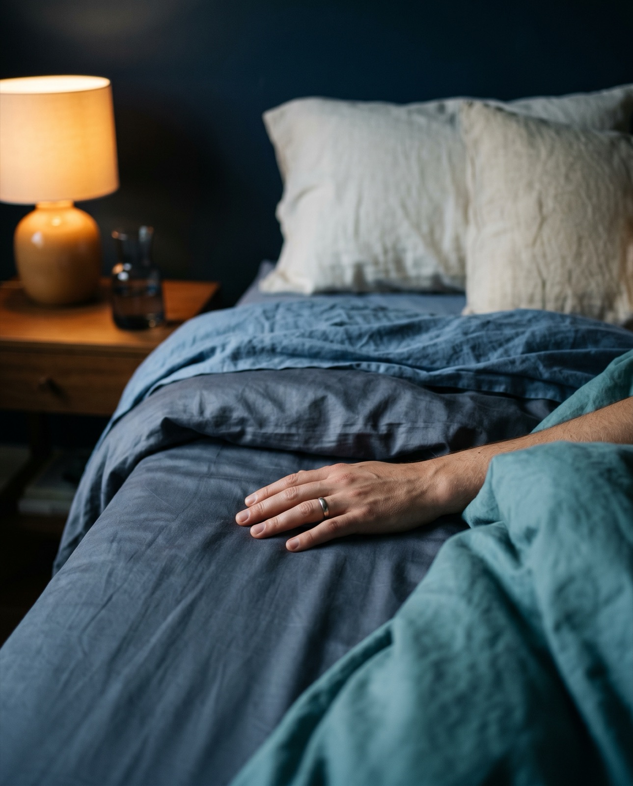 Close-up of a hand with a wedding band resting on dark grey-blue bedsheets in a dimly lit bedroom, warm bedside lamp glow