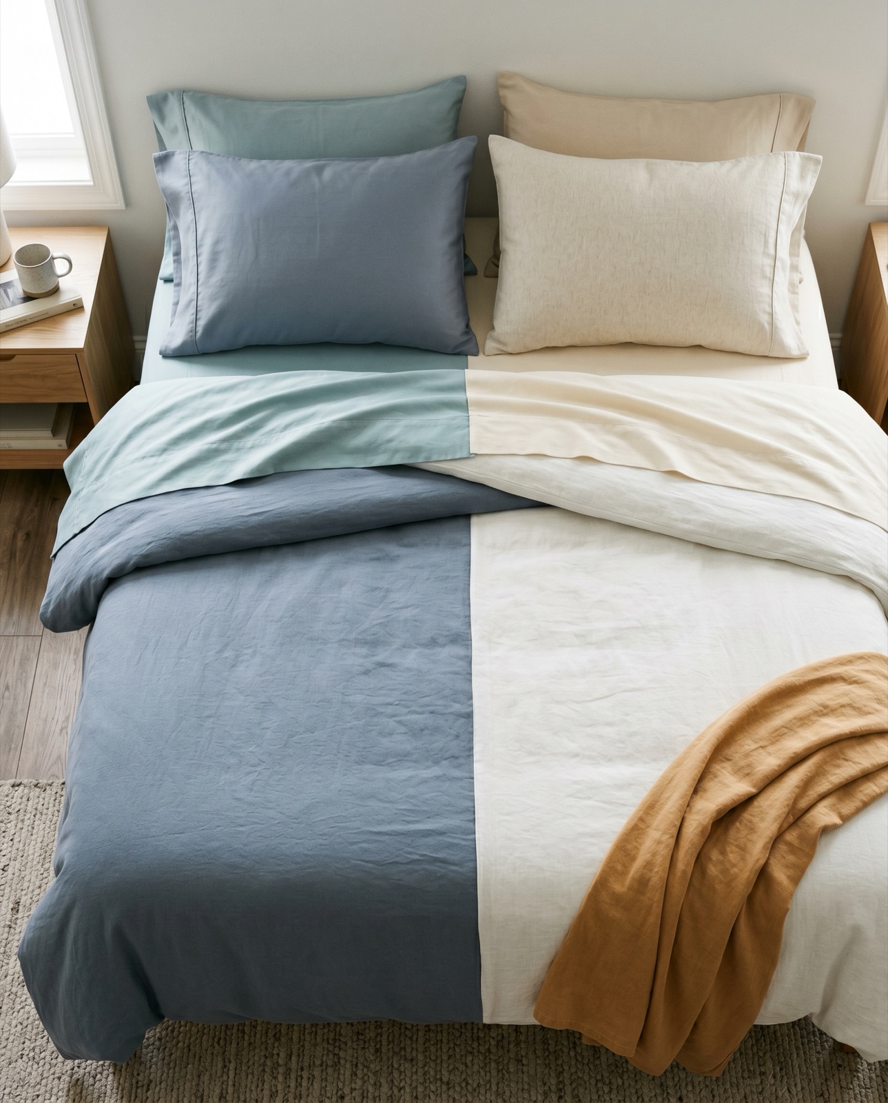 Top-down view of a bed split vertically into cool tones on the left and warm tones on the right, a mustard throw draped across the corner