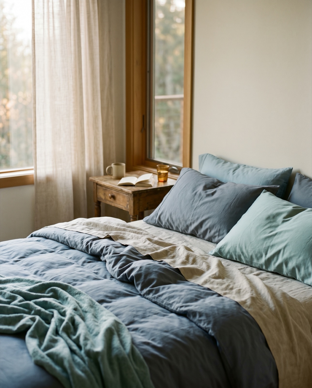 A tranquil bedroom in soft natural light, a rustic nightstand with an open book and ceramic mug, green trees through the window